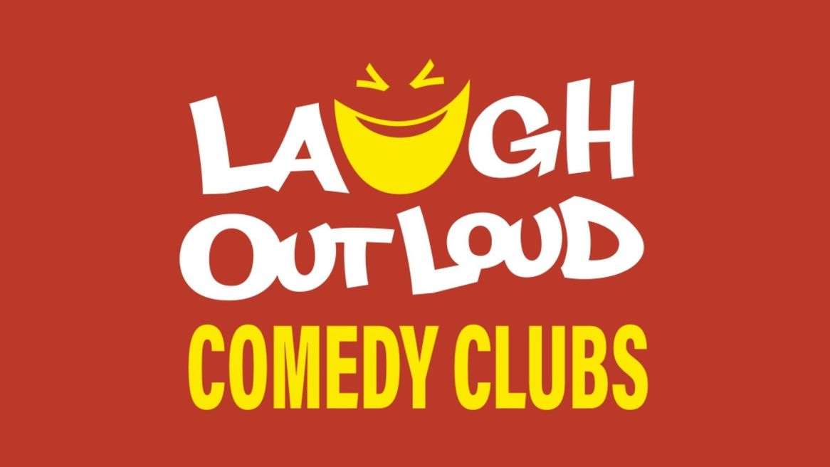 The words Laugh Out Loud Comedy Club with a red  background.