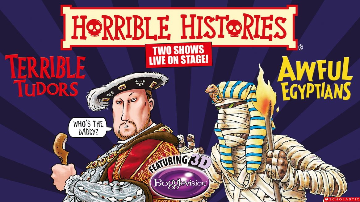A cartoon tudor holding a turkey leg and an eygptian mummy holding a torch have a chat beneath the title Horrible Histories