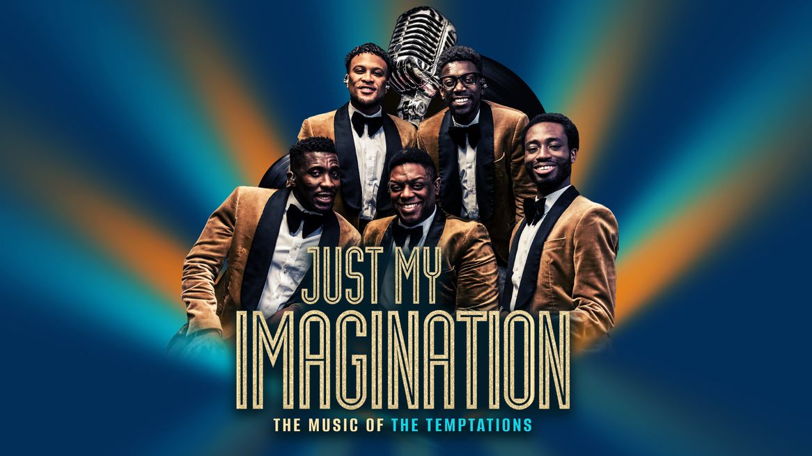 Five men of colour in brown velour jackets, white shirts and black bow ties, stand in froont of a large vinyl record. 