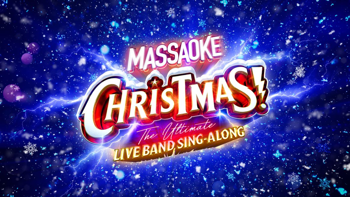 A blustery snow storm with the words MASSAOKE CHRISTMAS! covered in snow
