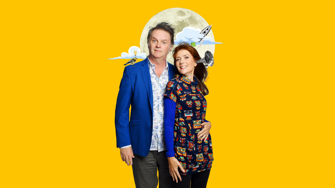 Paul Merton and Suki Webster smile in front of a moon, a rocketshop, a grammophone and a bird