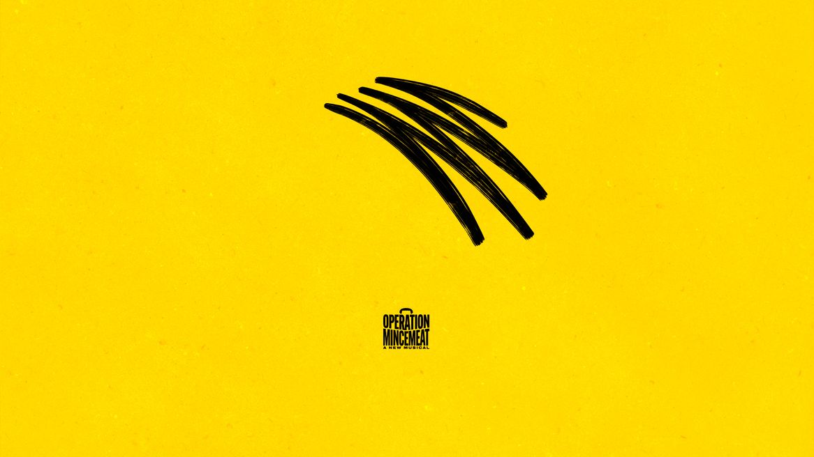 The words Operation Mincemeat in black in the centre bottom with a black squiggle in the top right against yellow background