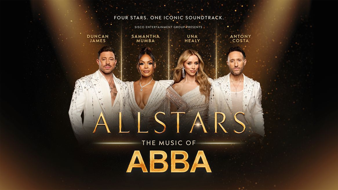 Duncan James, Samantha Mumba, Una Healy and Antony Costa pose in matching white sequined outfits