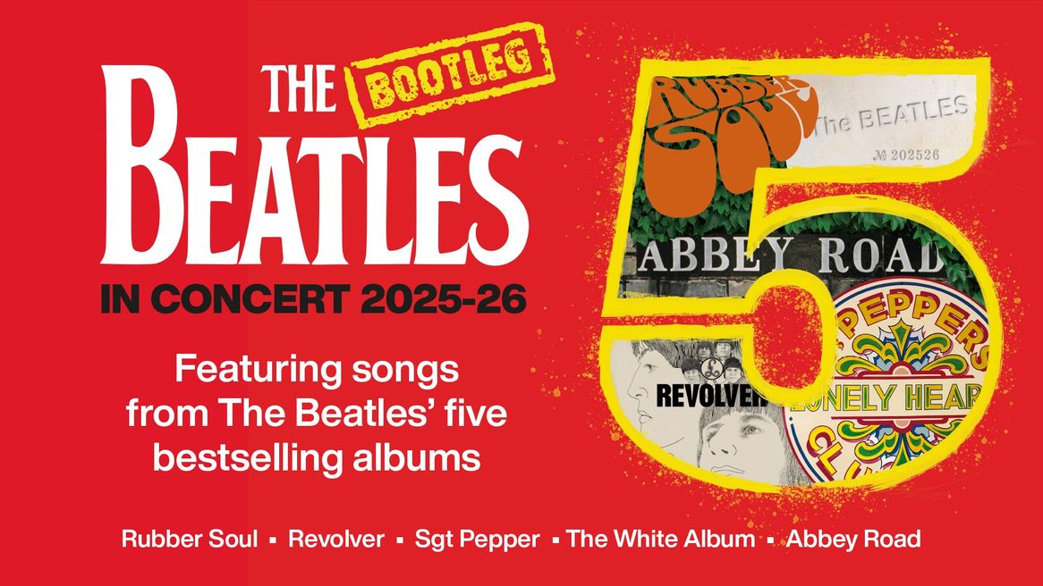 The number 5 depicting all of the front covers of The Beatles iconic albums within set against a red background