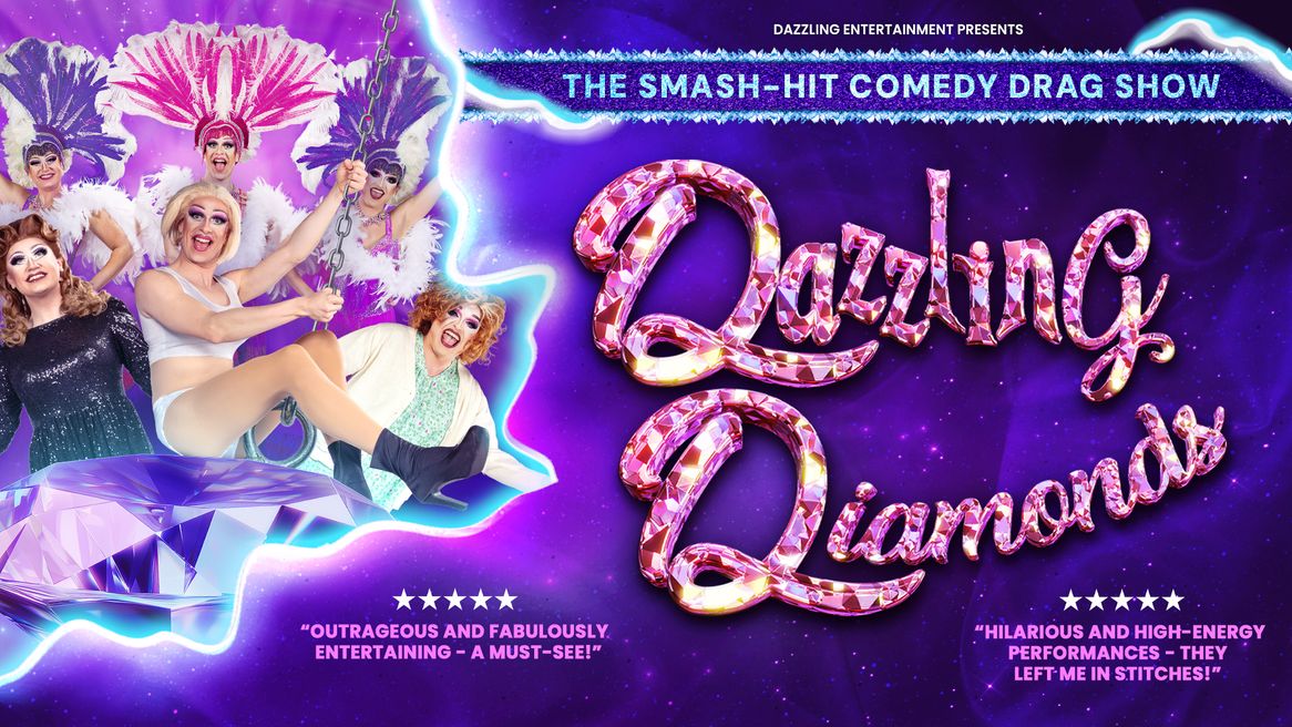 Drag queens dressed in flamboyant outfits with one at the front appearing to swing on top of a large diamond.