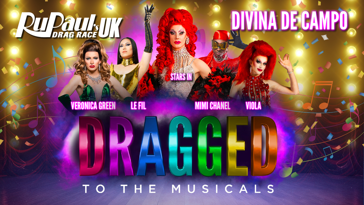 Drag queens Divina De Campo, Le Fil, Viola, Mimi Chanel and Veronica Green pose in front of a musical banner
