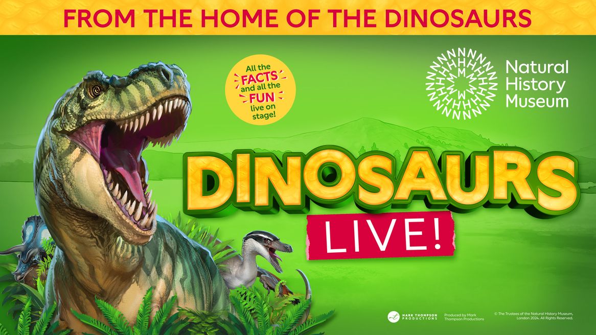 Three dinosaurs roaring with a mountainous green background.