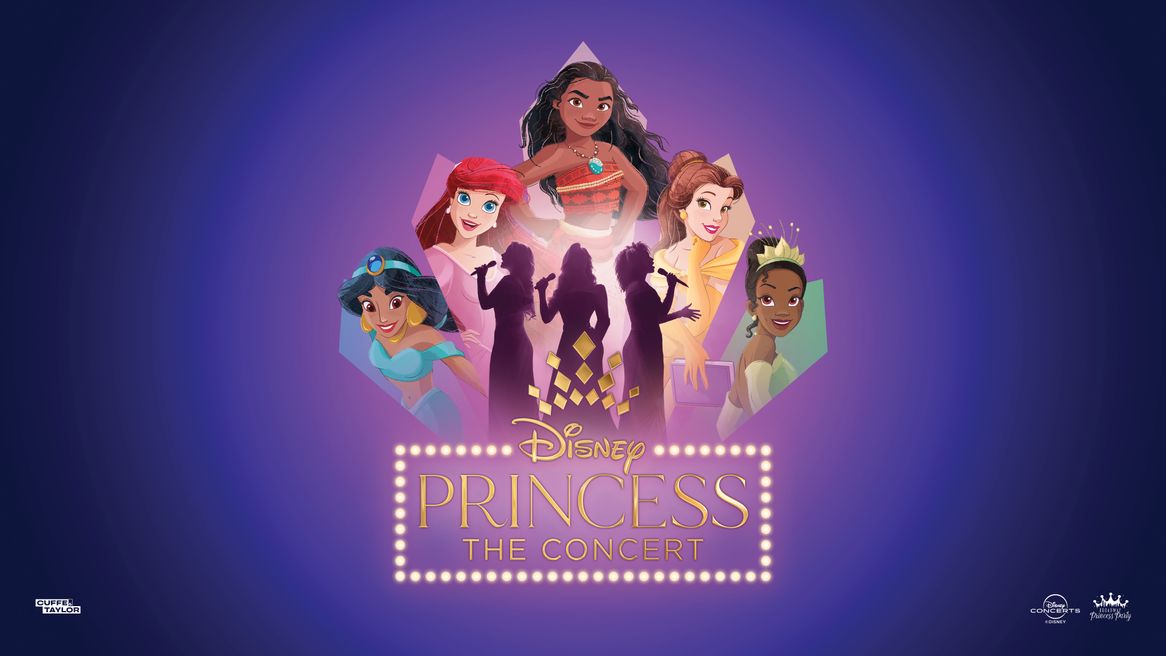 Three female singers silhouetted in front of five animated Disney princesses: Jasmine, Ariel, Moana, Belle and Tiana
