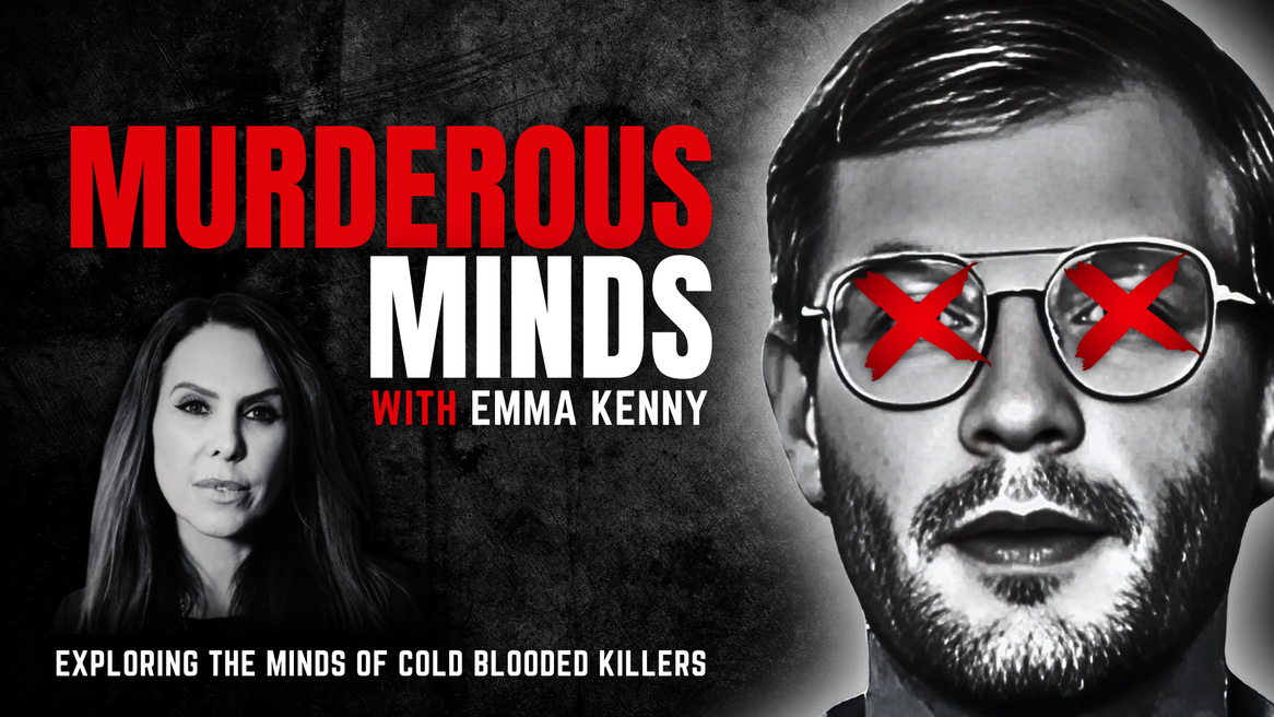 An image of serial killer Jeffrey Dahmer with his eyes covered by red crosses next to an image of Emma Kenny