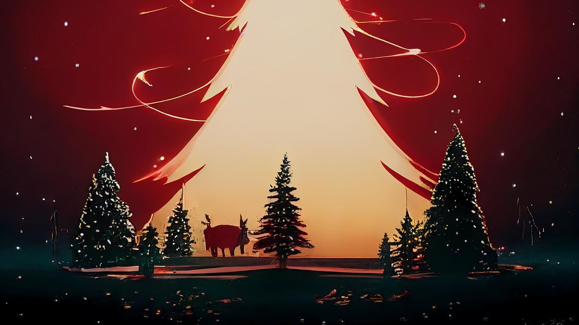 A snow covered scene with two reindeer set against a red stary backdrop depciting a large gold Christmas tree.