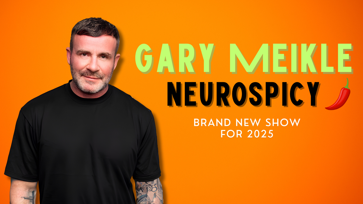 Gary Meikle stands in front of an orange background and the word 'Neurospicy'