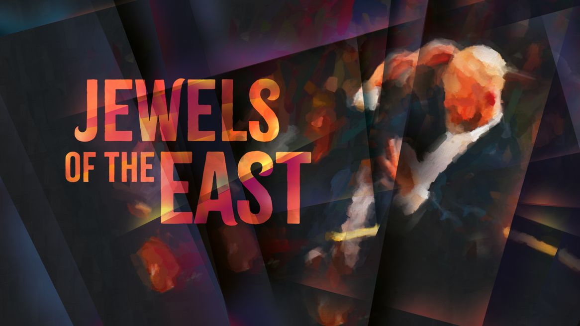 An orchestra conductor appears under a jewel-like overlay
