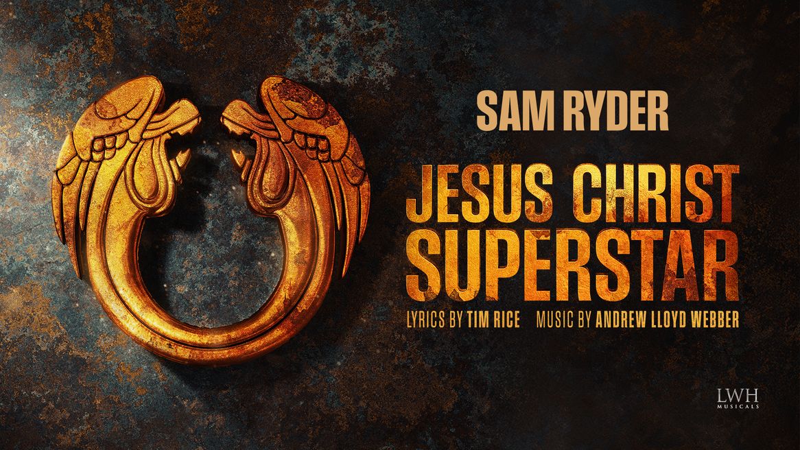 A rusted golden ornament of two angels bowing to eachother near the words SAM RYDER in JESUS CHRIST SUPERSTAR