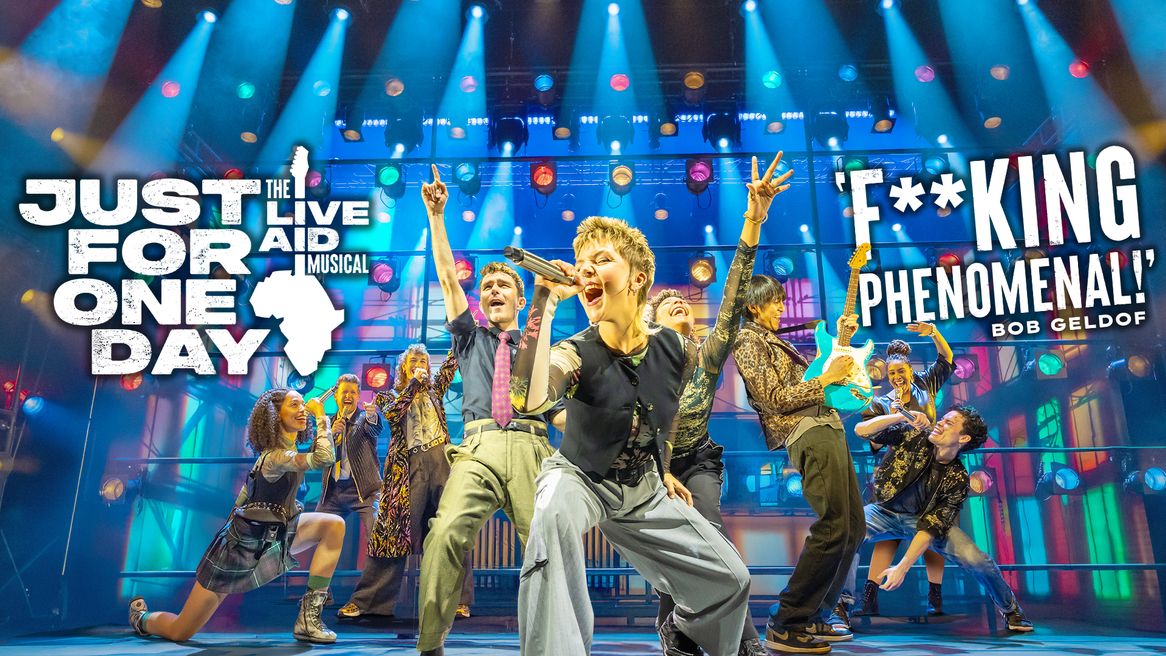 Nine youngsters in 80s clothing perform on a stage as if in a rock band with a neon background