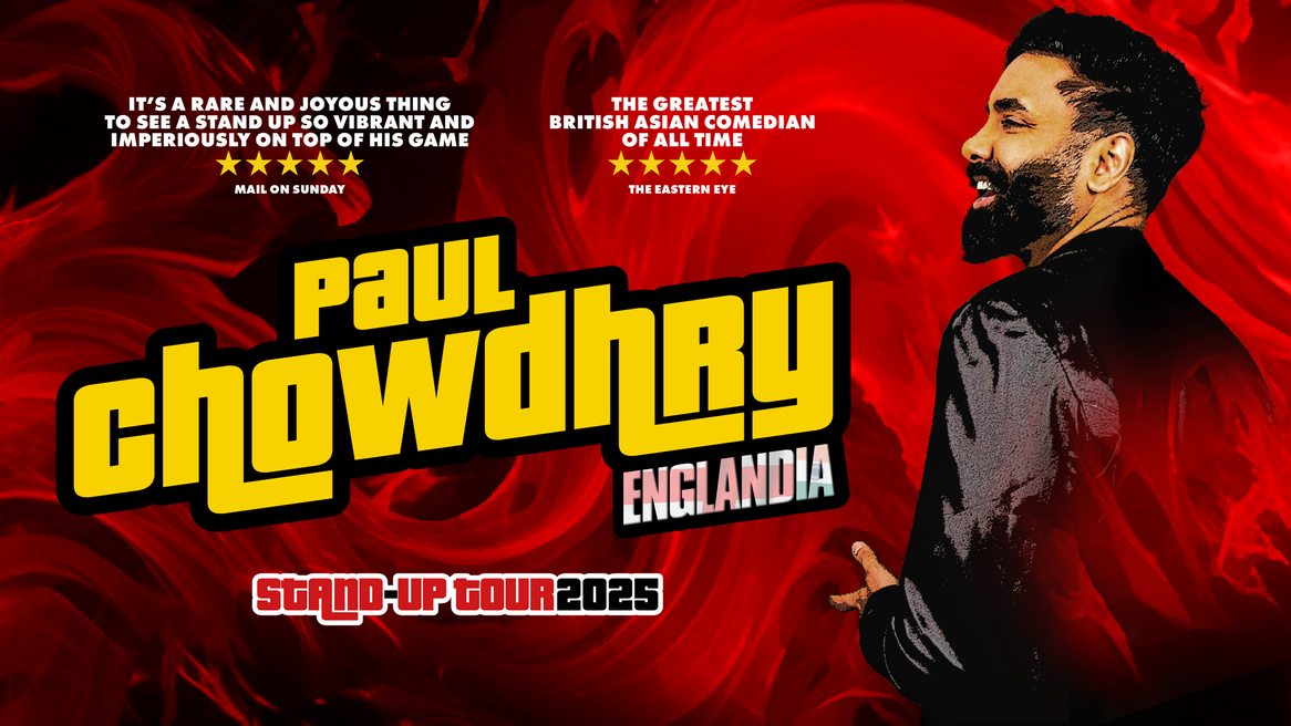 Paul Chowdhry laughs surrounded by red swirls