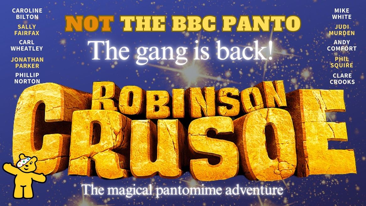 A blue starry background with the words Robinson Crusoe and Pudsey Bear