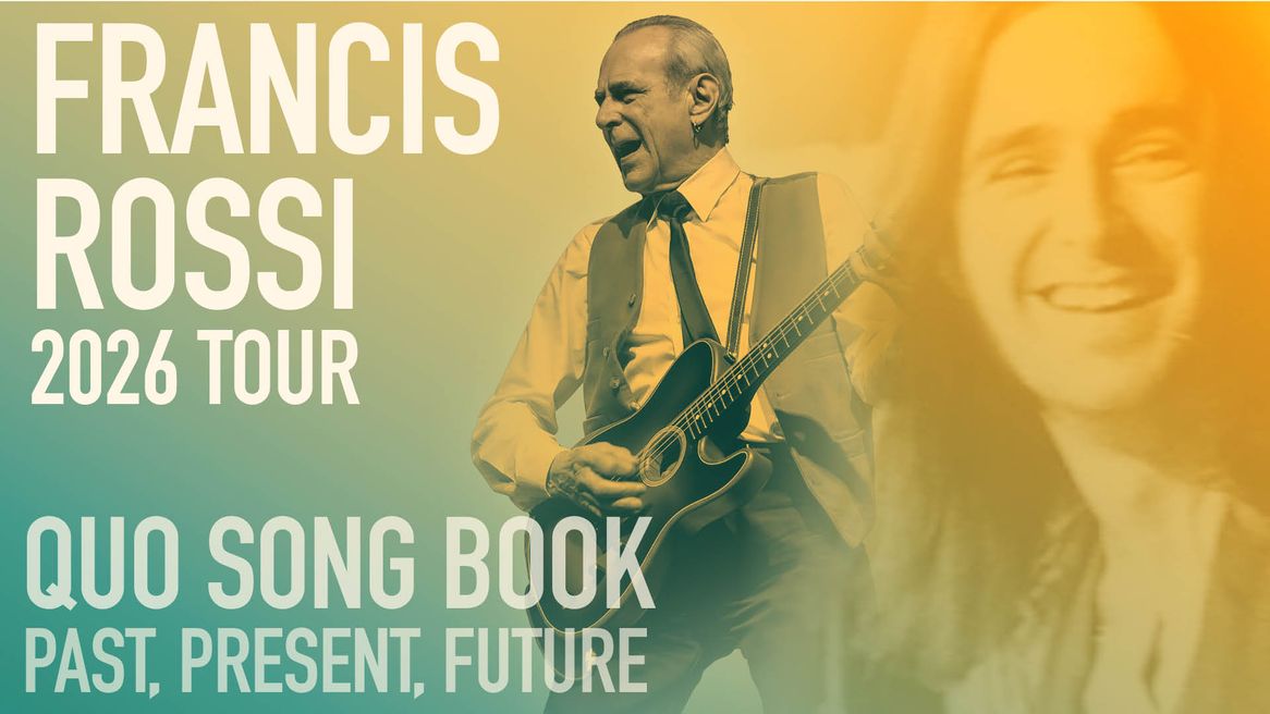 Francis Rossi is depicted as he was in his youonger days with long hair and as he is today with guitar in hand rocking out