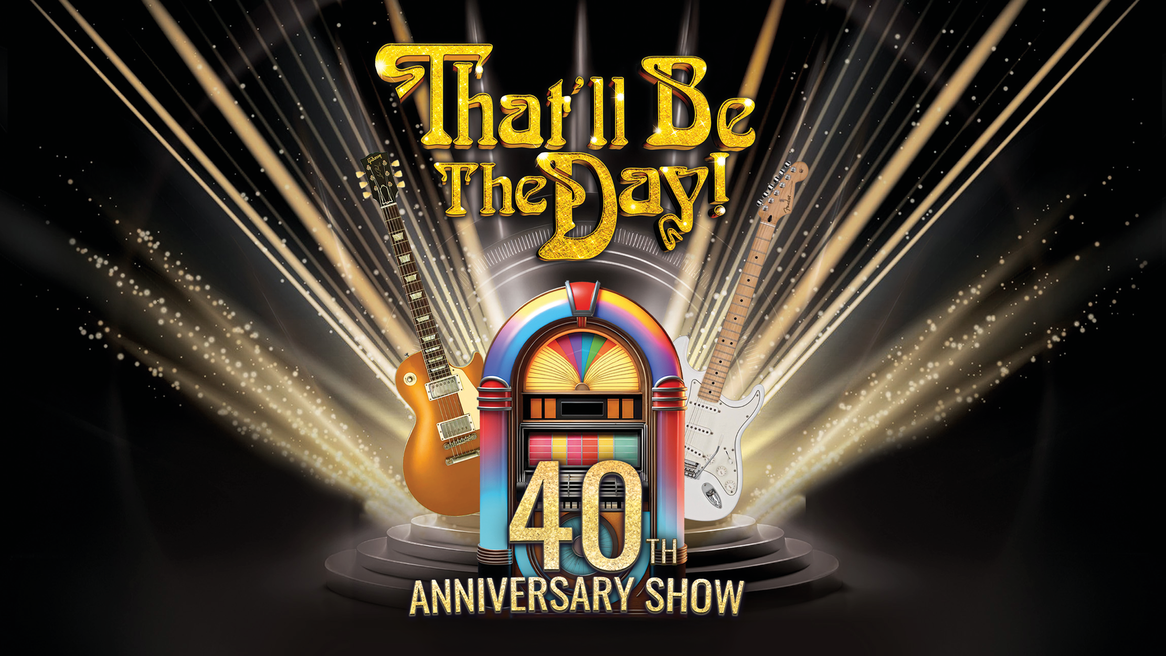 A jukebox between two guitars under the words 'That'll Be The Day'