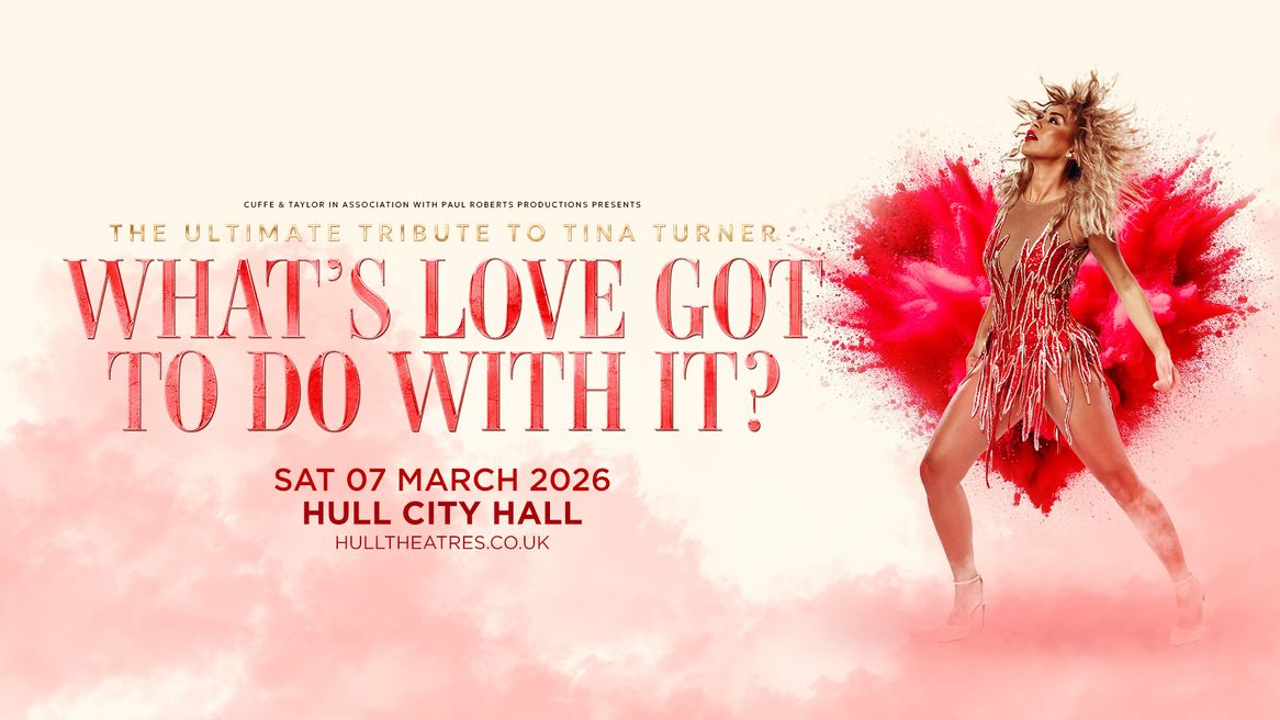 A woman dressed like Tina Turner poses in a red dress in a classic Tina pose next to the words What's Love Got To Do With It?