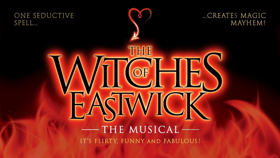 The words Black background with the words The Witches of Eastwick engulfed in red flames.
