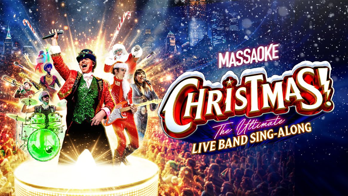 A group of people in festive attire looking jolly.