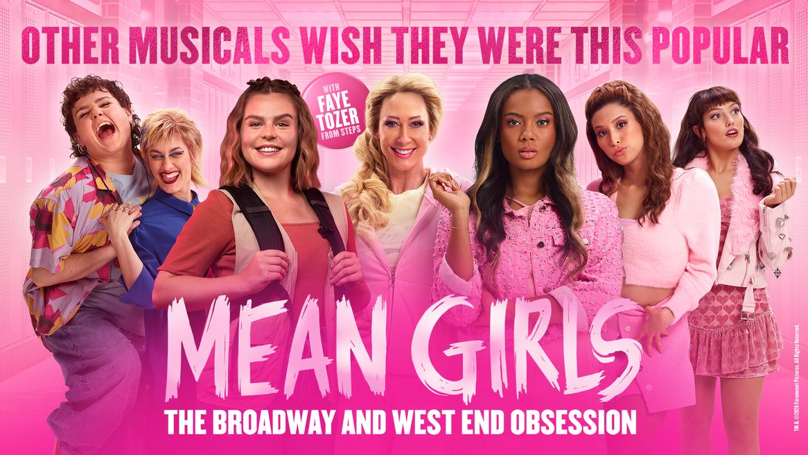 A woman in a pink tracksuit smiles alongside a girl in a backpack, three girls in pink outfits and an alternative boy & girl