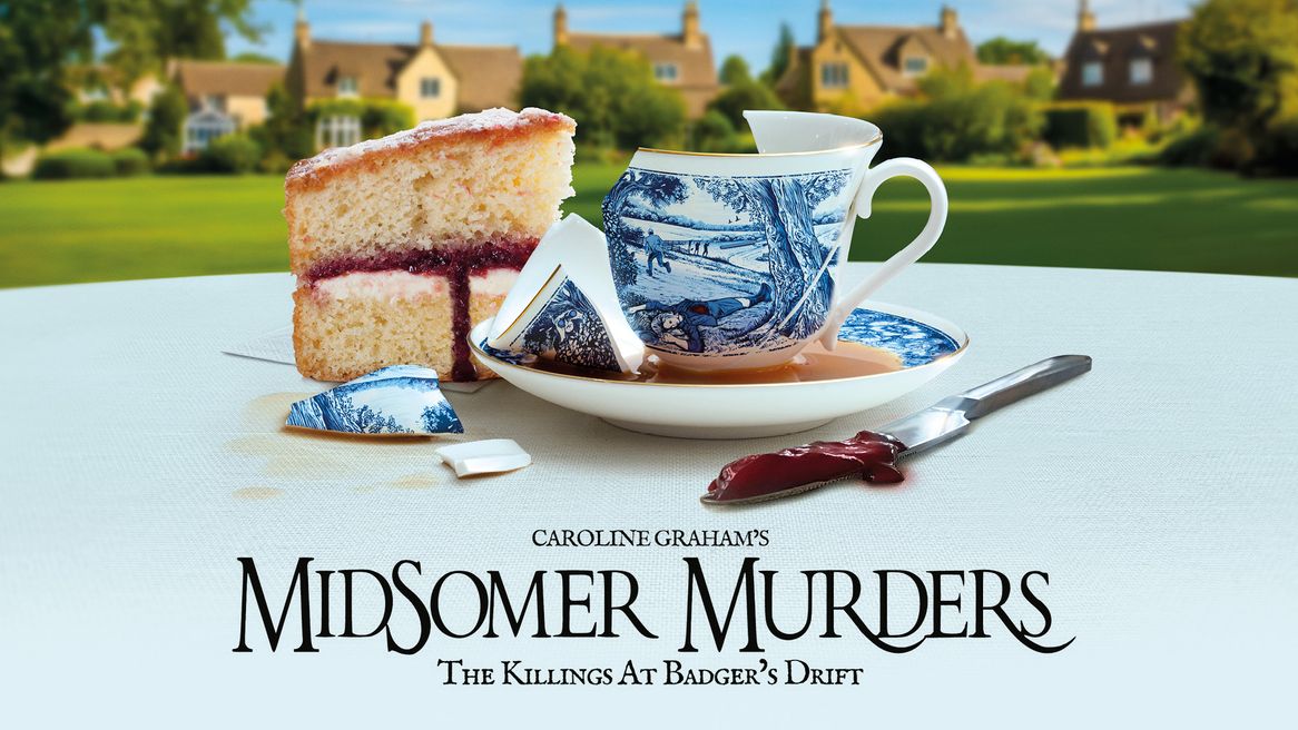 A broken tea cup, a slice of cake and a knife with thick red jam on a table in an English village