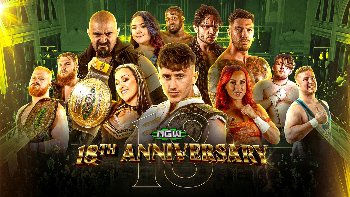 A group of male and female wrestler standing in a line with the words NGW 18th Anniversary next to them