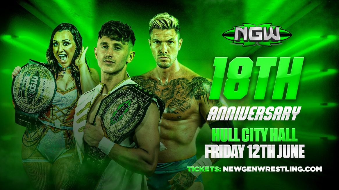 Three Wrestlers standing in a line one woman and two men with the words NGW 18th Anniversary next to them