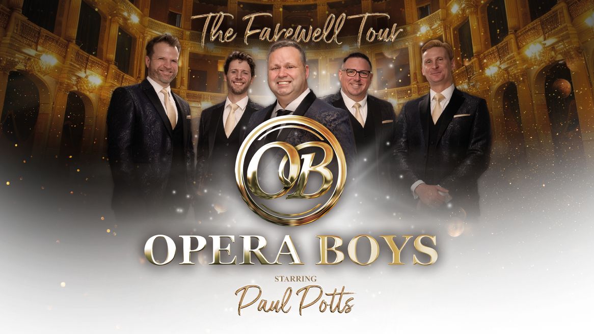 Paul Potts and four male opera singers pose in matching suits in front of an opera hall