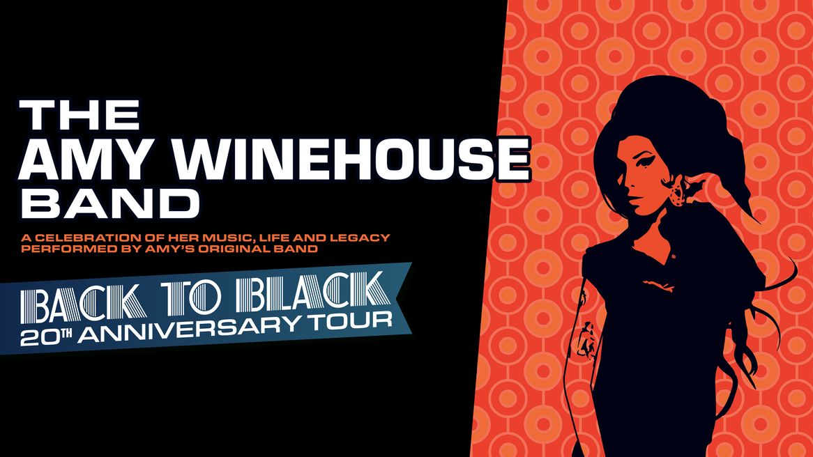 A pop art style image of Amy Winehouse on a red and orange retro themed background