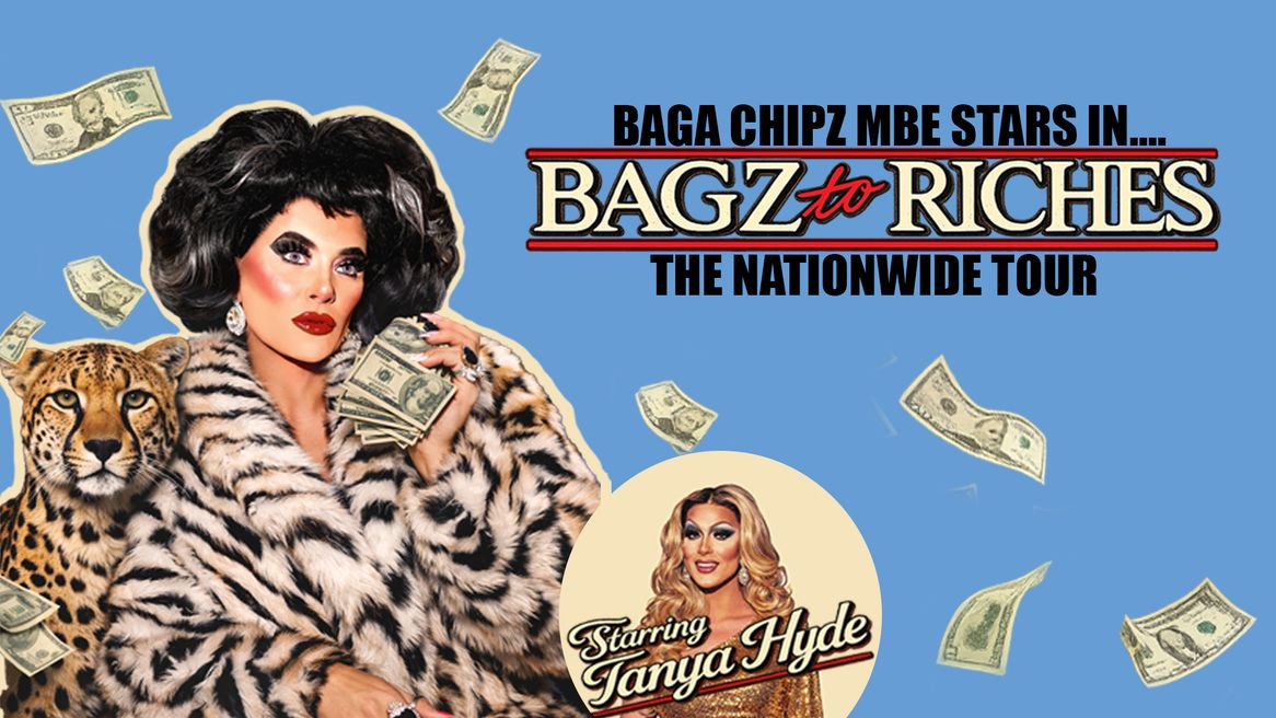 A drag queen dressed in a striped fur jacket leans against a cheetah surrounded by dollar bills