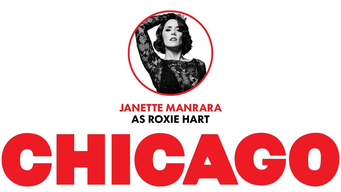 Actor Janette Hanrara in a lacy dress with her arm up  with the words Roxie Hart Chicago