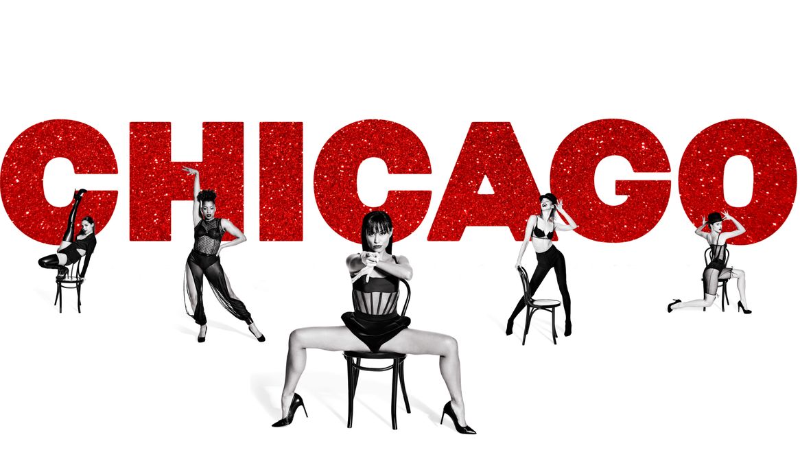 The words Chicago in red glittery letters behind images of five women in lingerie