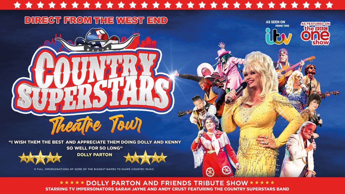 A Dolly Parton impersonator smiles into a microphone surrounded by other country music impersonators