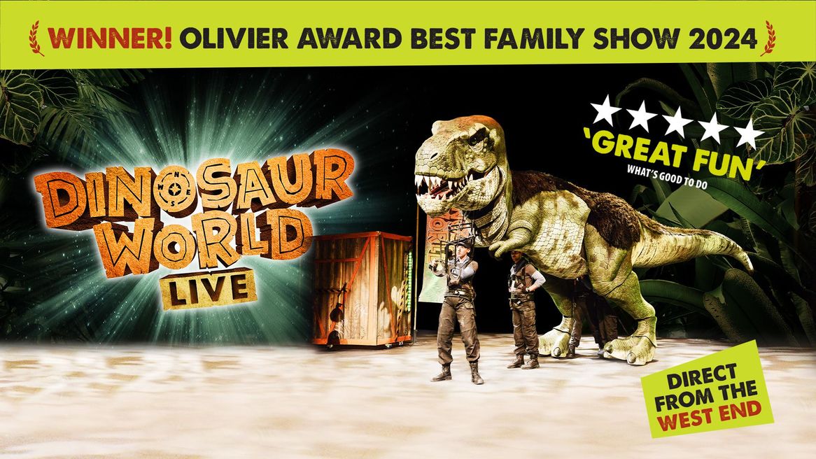 The logo Dinosaur World Live with two explorers next to a full size Tyrannosaurus Rex puppet. 