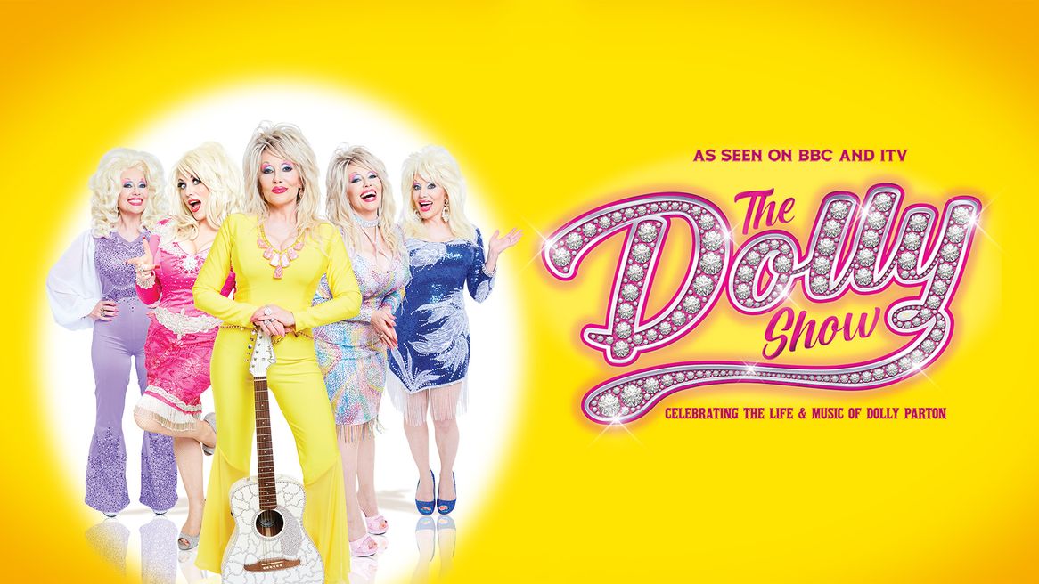 A lady dresses in five iconic Dolly Parton themed outfits next to the words Dolly Parton in rhinestones