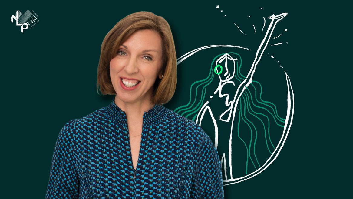 Dr Louise Newson smiling next to a graphic depicting a woman with green hair.