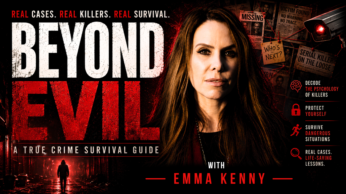 Emma Kenny features in front of a board showing newspaper articles about serial killers and missing people