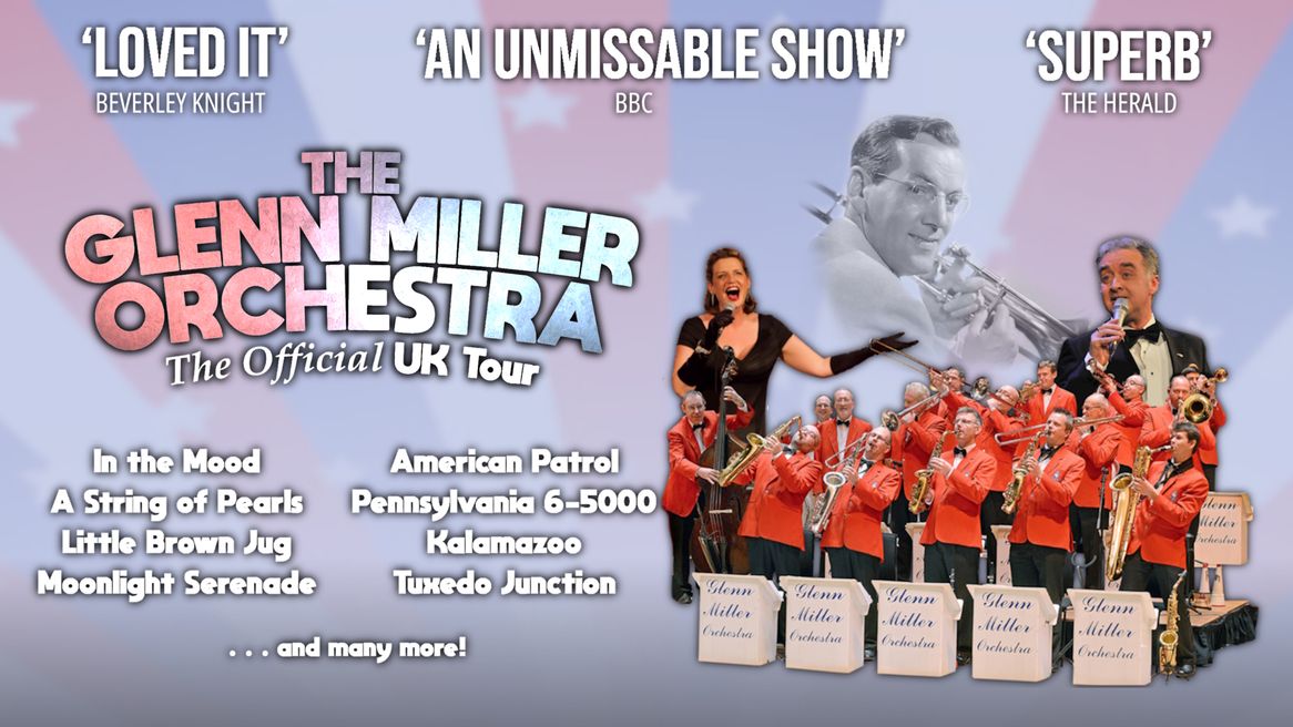 A black and white image of Glenn Miller above an orchestra in red jackets