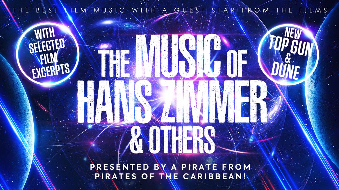 The words 'The Music of Hans Zimmer' in front of images of planets and supernovas