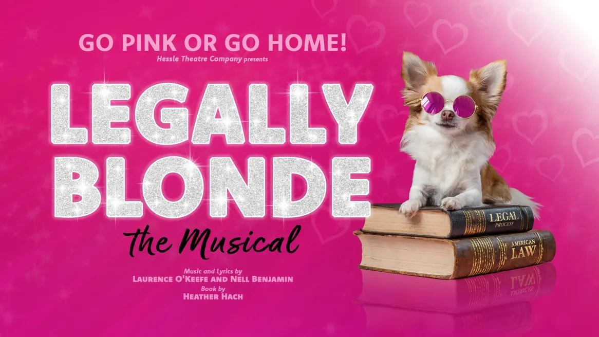 The words Legally Blonde with a pink background and a dog wearing pink sunglasses sat on two law books