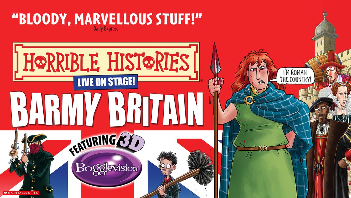 Historical figures including Boudicca, Kings and Queens, Guy Fawkes and Dick Turpin drawn in cartoon style.