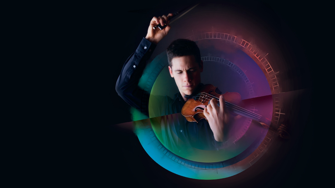 A man in the centre of a compass plays the violin