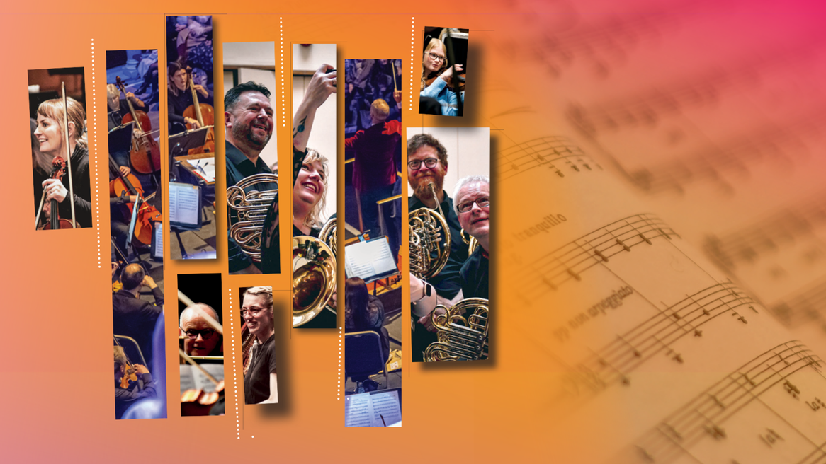 Long rectangles featuring various players from the Hull Philharmonic Orchestra on an orange background