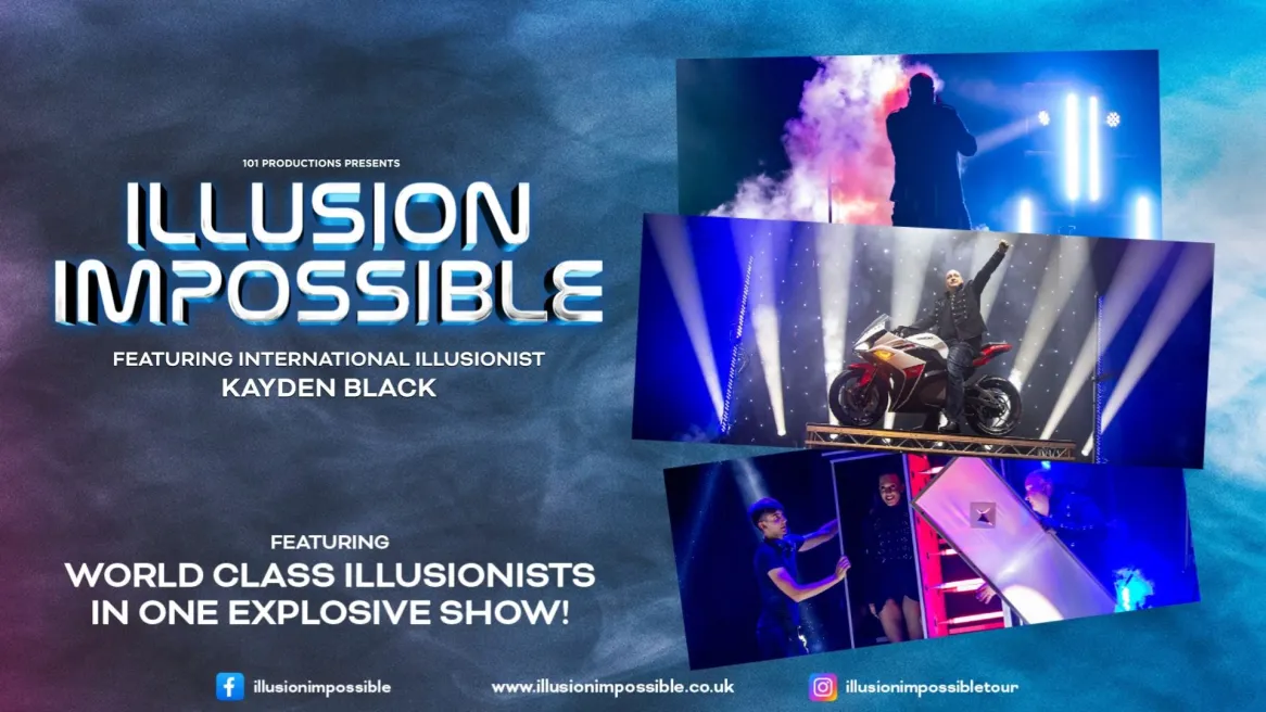 The words Illusion Impossible next to three images of a man near a smoke screen, on a motorbike and emerging from a magic box