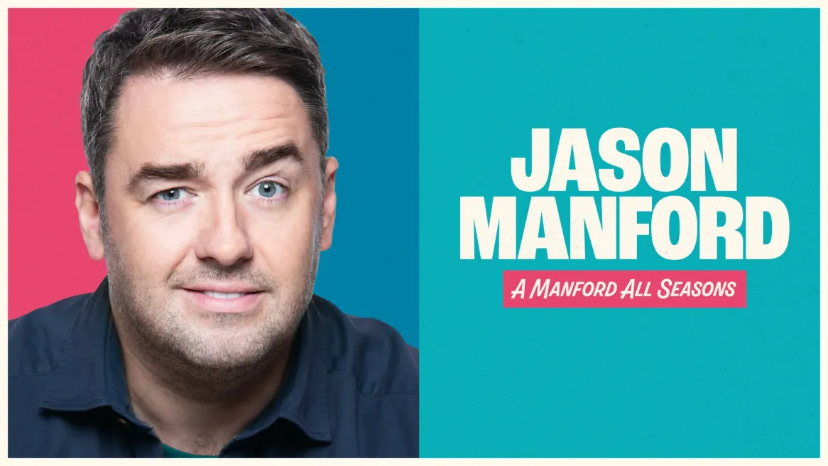 Comic Jason Manford looking quizzical with a colourful background 