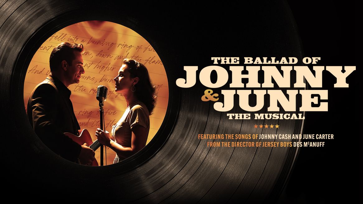 A man playing guitar and a woman singing into an old-fashioned microphone look at each other in the centre of a vinyl record.