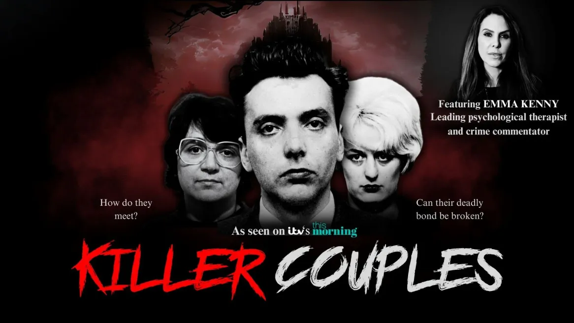 The words Killer Couples with images of Rose West, Ian Brady, Myra Hindley and Emma Kenny above.