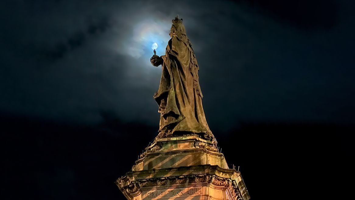 An image of the Hull Queen Victoria Square statue againtt the night sky. Photo credit: Faraj Omran 